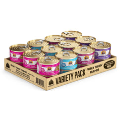 Weruva Classic Chat Frisky Fishin' Friends, pack 24 boîtes 3 oz sans volaille, idéal pour chats difficiles.