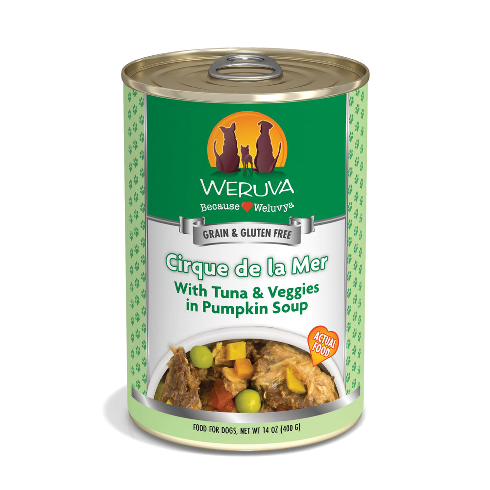 Weruva Cirque de la Mer pour chien: thon en morceaux avec légumes et sauce potiron.