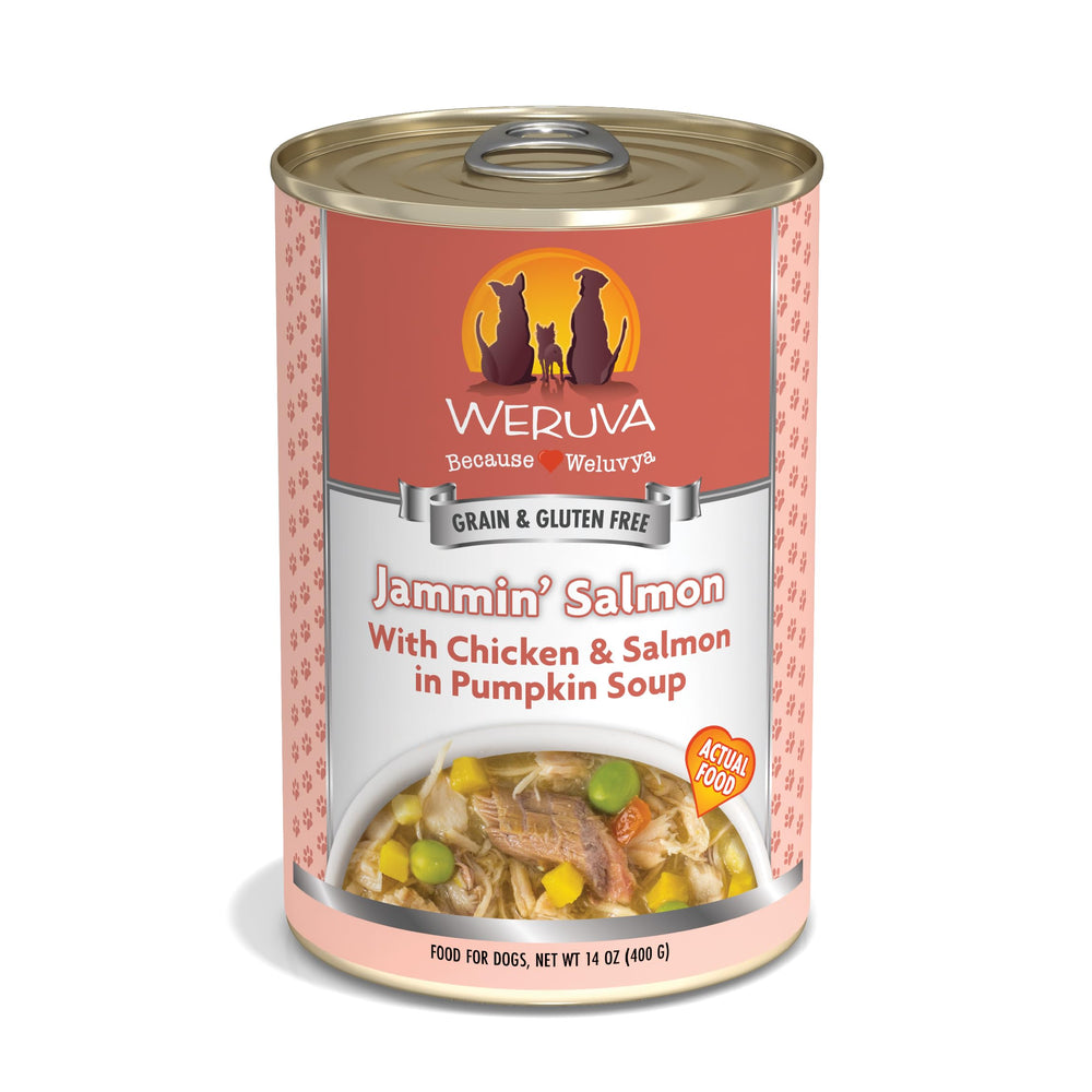 Weruva Jammin' Salmon poulet en boîte 400 g avec morceaux visibles dans la sauce.