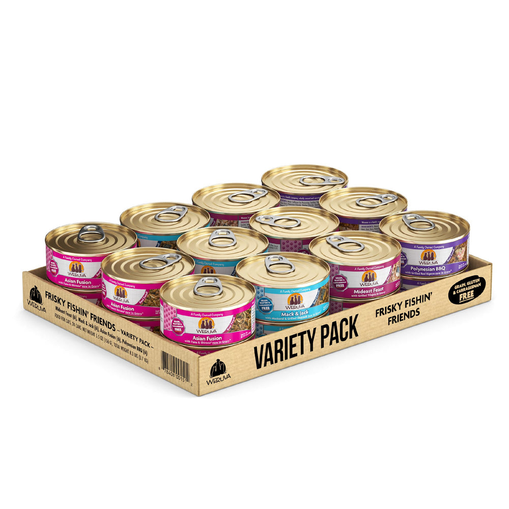Weruva Frisky Fishin' Friends ensemble 24 boîtes, variété complète pour chats exigeants.