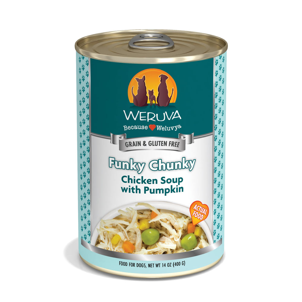 Boîte Weruva Funky Chunky Poulet-Soupe prête à nourrir votre chien.