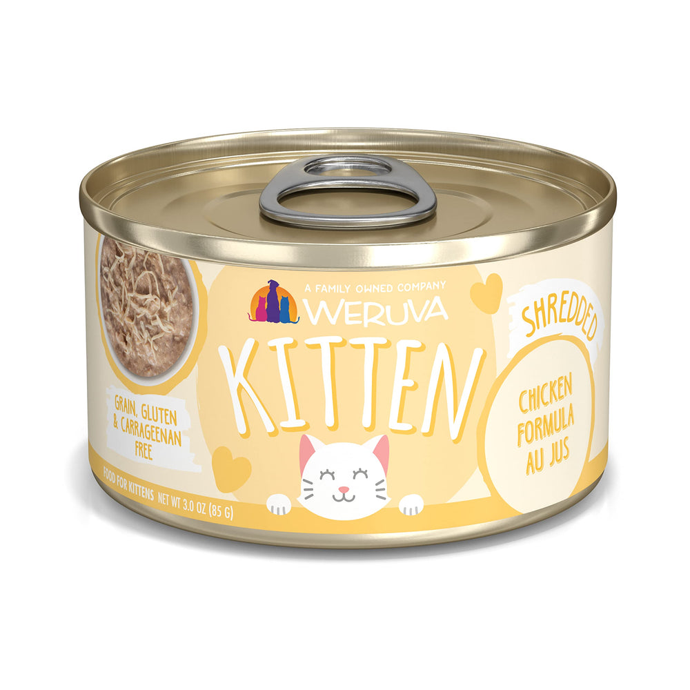 Weruva Kitten Chicken Au Jus : boîte 3oz, pack de 12, prêt à goûter.