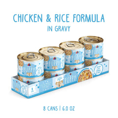 Gros plan sur le poulet et le riz dans la sauce Weruva Puppy.