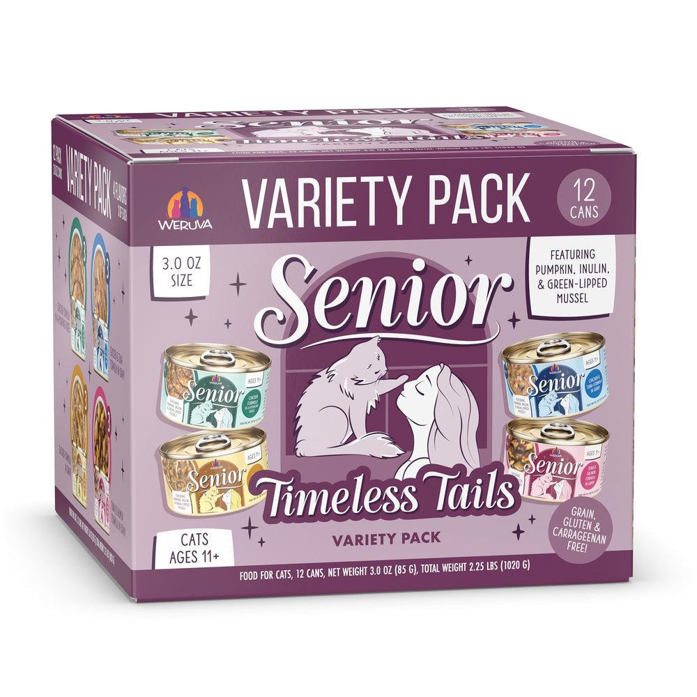Weruva Senior Chat Timeless Tails, conserve variée et textures riches pour chats âgés.