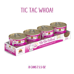 Pâté Weruva Tic Tac Whoa avec thon et saumon, bouchée veloutée et gourmande.