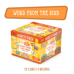 Variété de quatre recettes au poulet Weruva en conserve.