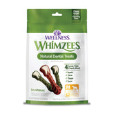 Whimzees Brushzees emballage ensemble montre le produit prêt à démarrer la routine dentaire.