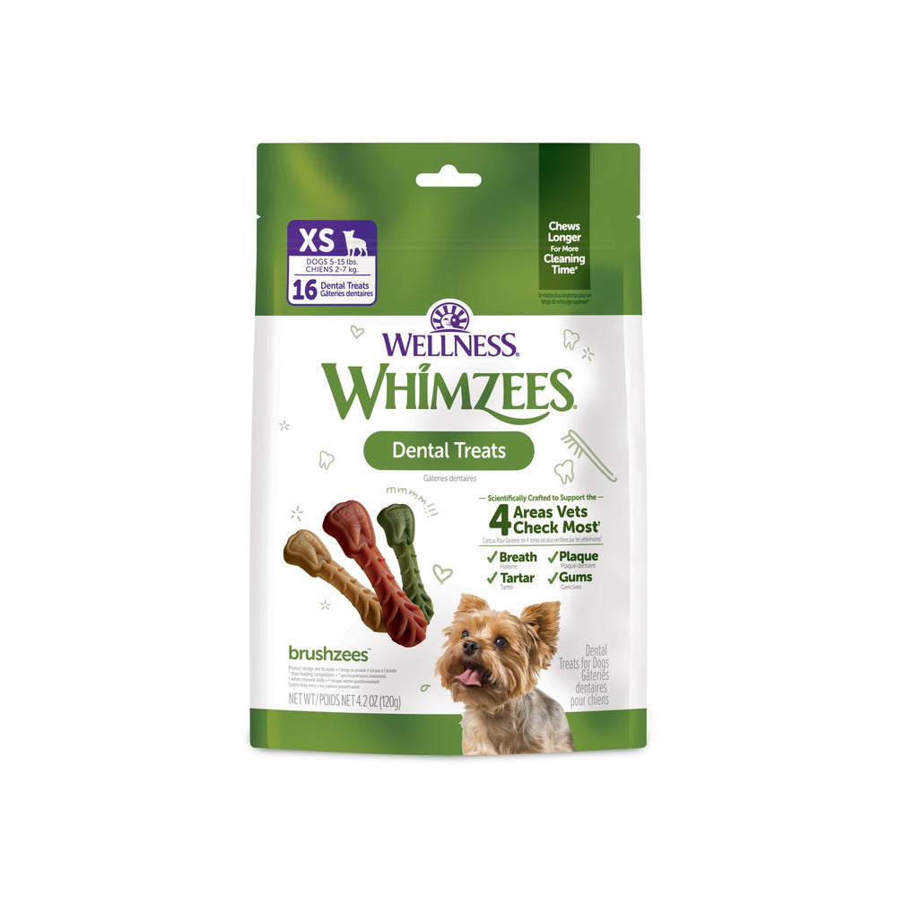 Whimzees Wellness Brushzees emballage, outil pratique pour l'hygiène dentaire quotidienne du chien.