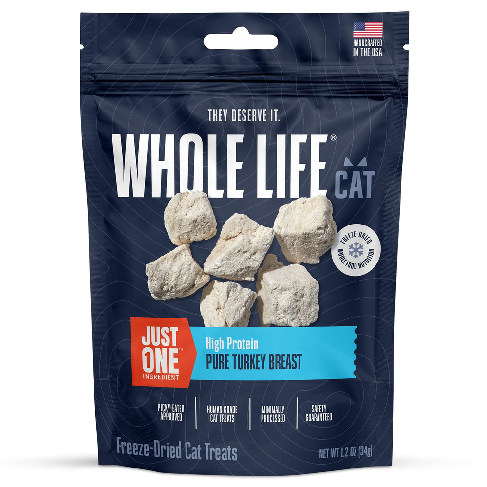 Friandises Whole Life Pet dinde lyophilisée, boîte ouverte, snack naturel pour chat.