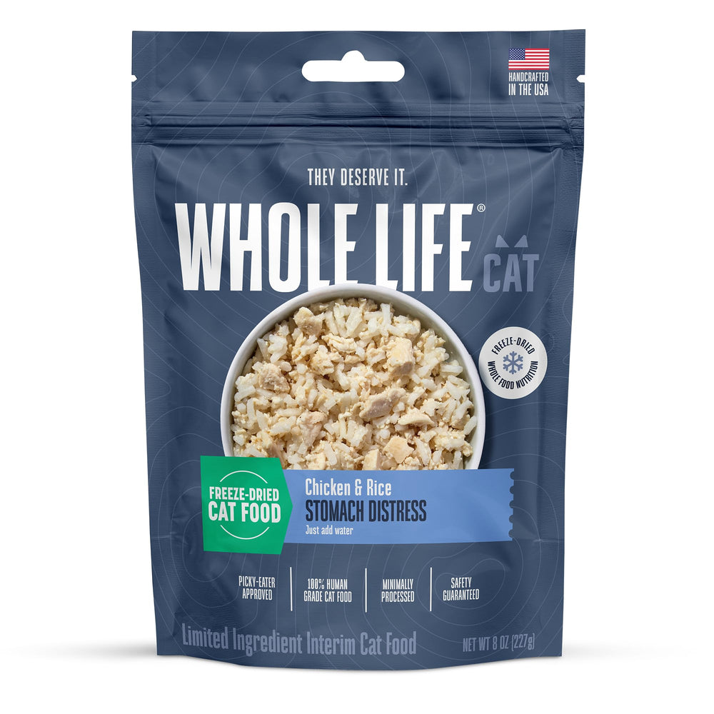 Whole Life Cat: emballage montrant poulet et riz lyophilisé, soutien digestif potentiel.