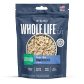 Whole Life Cat: emballage montrant poulet et riz lyophilisé, soutien digestif potentiel.