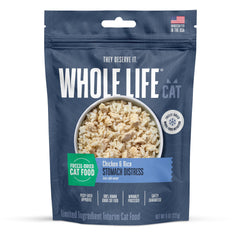 Whole Life Cat: emballage montrant poulet et riz lyophilisé, soutien digestif potentiel.