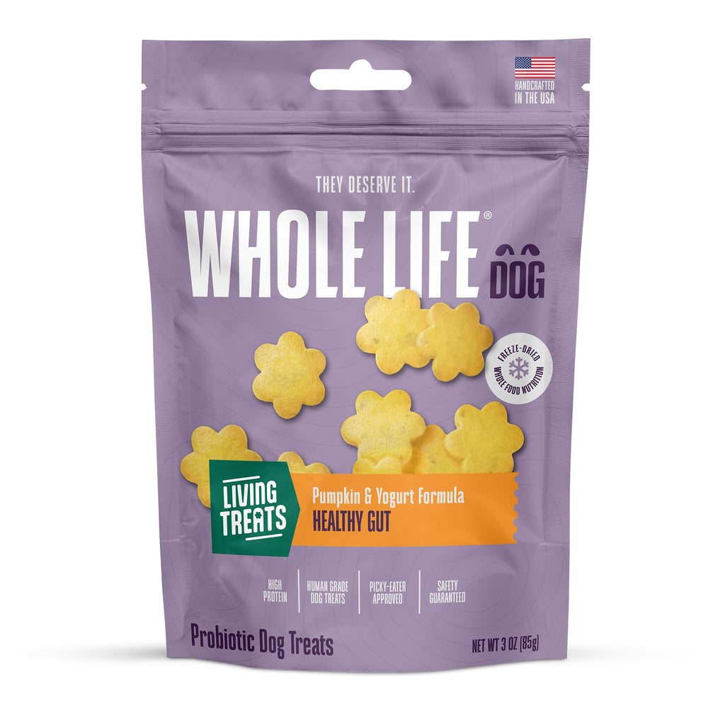Friandise probiotique Whole Life Pet pour chien, emballage visible et soutien digestif potentiel