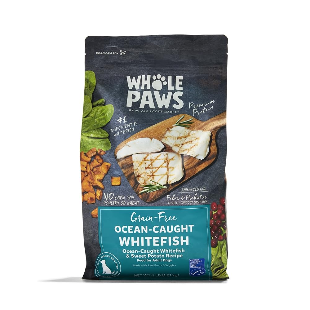 Whole Paws poisson blanc et patate douce – ingrédient principal sans céréales pour chiens adultes.
