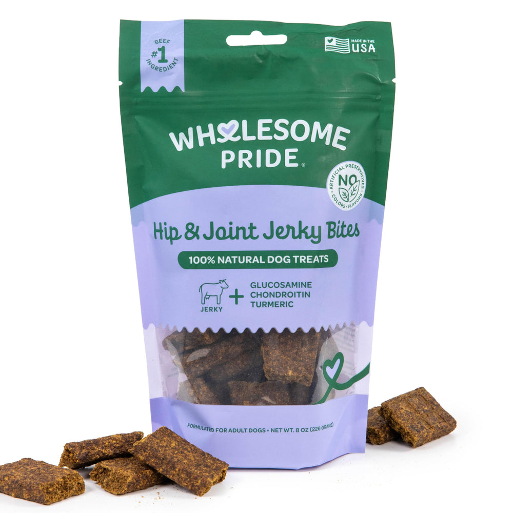 Wholesome Pride bouchées boeuf hanches articulations, potentiel soutien mobilité canine.