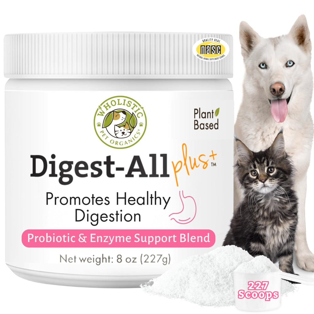 Wholistic Pet Organics bouteille: probiotiques pour chiens et chats favorisant la flore intestinale.