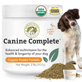 Wholistic Pet Organics Canine Complete : bouteille de poudre prête à être ajoutée aux repas.