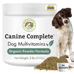 Wholistic Pet Organics Canine Complete, bouteille-poudre, soutien nutritionnel quotidien pour chiens.