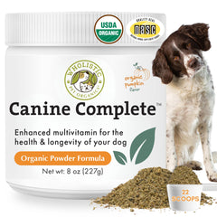 Wholistic Pet Organics Canine Complete – dose de poudre facile à ajouter aux repas.