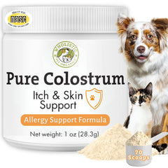 Wholistic Pet Organics Colostrum pour chiens et chats, bouteille montrant le soutien immunitaire.