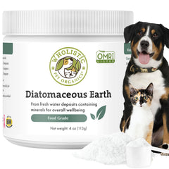 Wholistic Pet Organics Diatomaceous Earth dans une bouteille, poudre pratique.