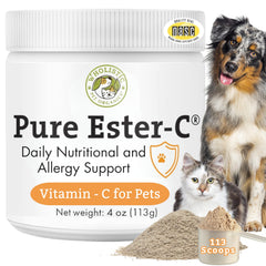 Wholistic Pet Organics Ester-C Poudre—emballage et doseur pratiques pour chiens et chats.