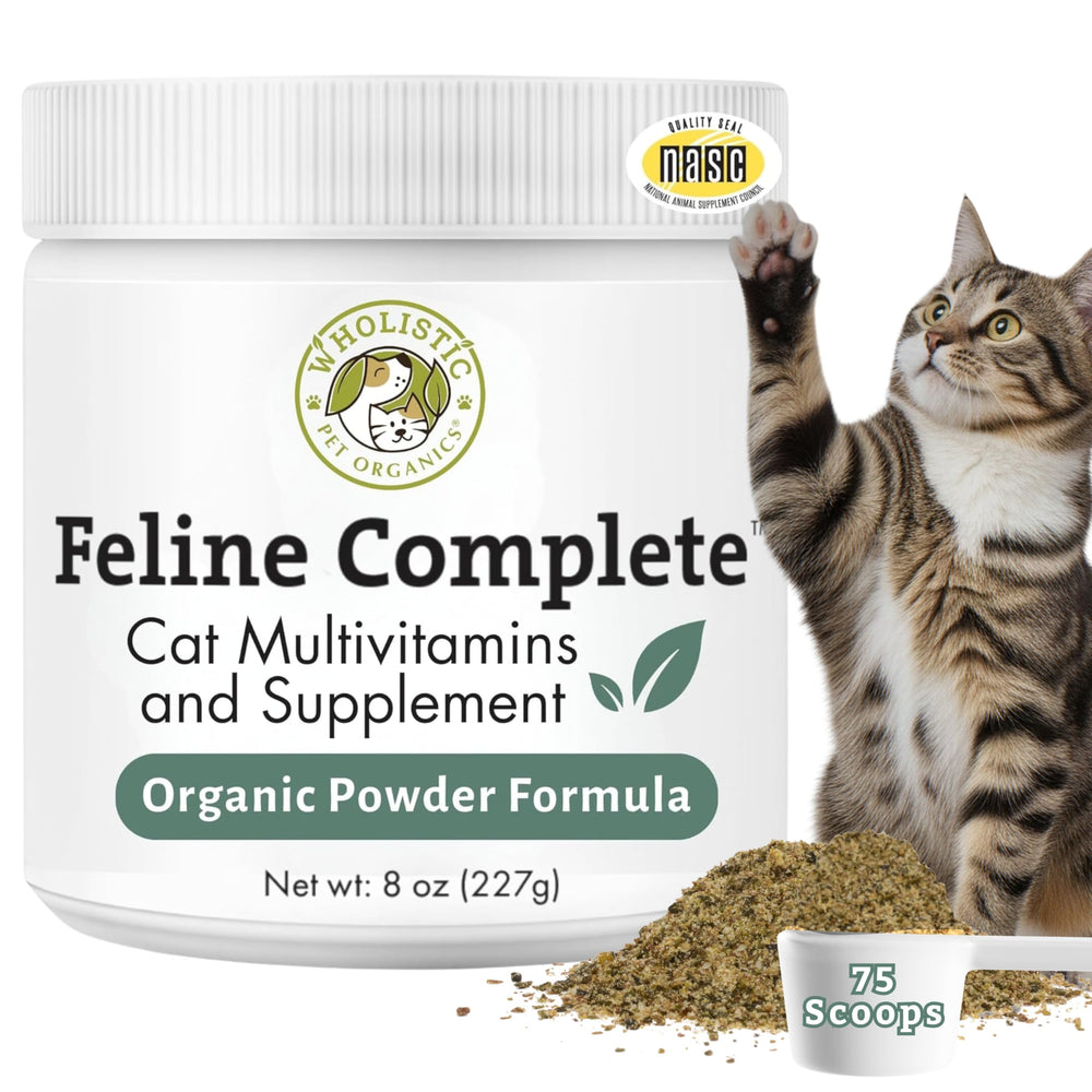 Wholistic Pet Organics Feline Complete: bouteille 8 oz avec étiquette, soutien digestif quotidien.