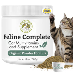 Wholistic Pet Organics Feline Complete: bouteille 8 oz avec étiquette, soutien digestif quotidien.