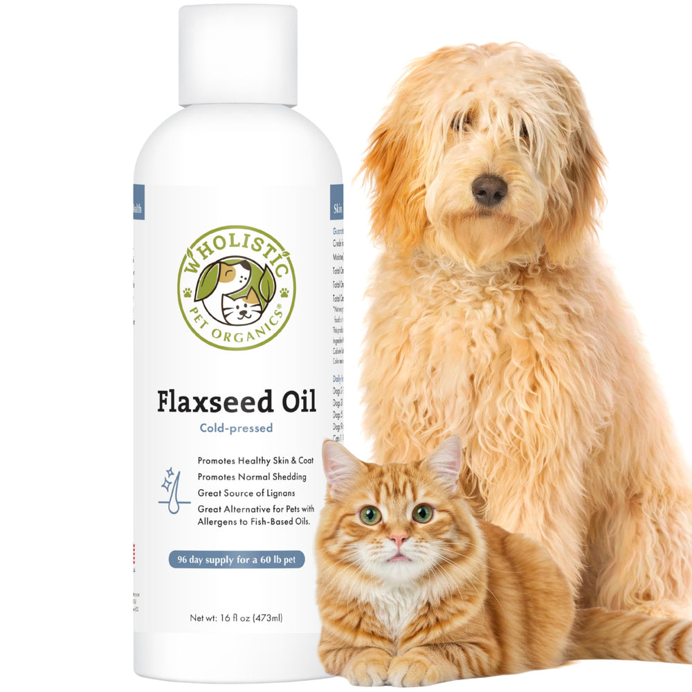 Wholistic Pet Organics huile de lin flacon soutient peau et pelage.
