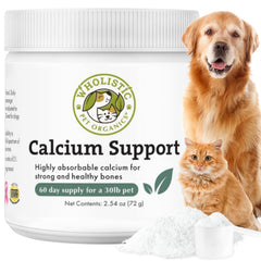 Wholistic Pet Organics Pure Powder Calcium – Bouteille et texture fine, soutient des os et des dents.