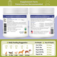 Wholistic Pet Organics Spiruline poudre: complément végétal pour croquettes et pâtées.