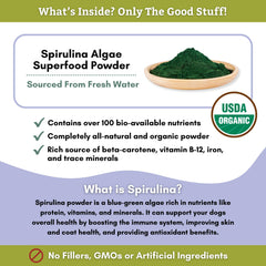 Wholistic Pet Organics Spiruline poudre: dosage facile à ajouter au repas quotidien.