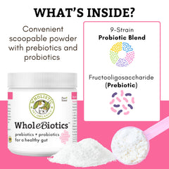 Wholistic Pet Organics WholeBiotics, prébiotiques et probiotiques favorisant l'équilibre intestinal.