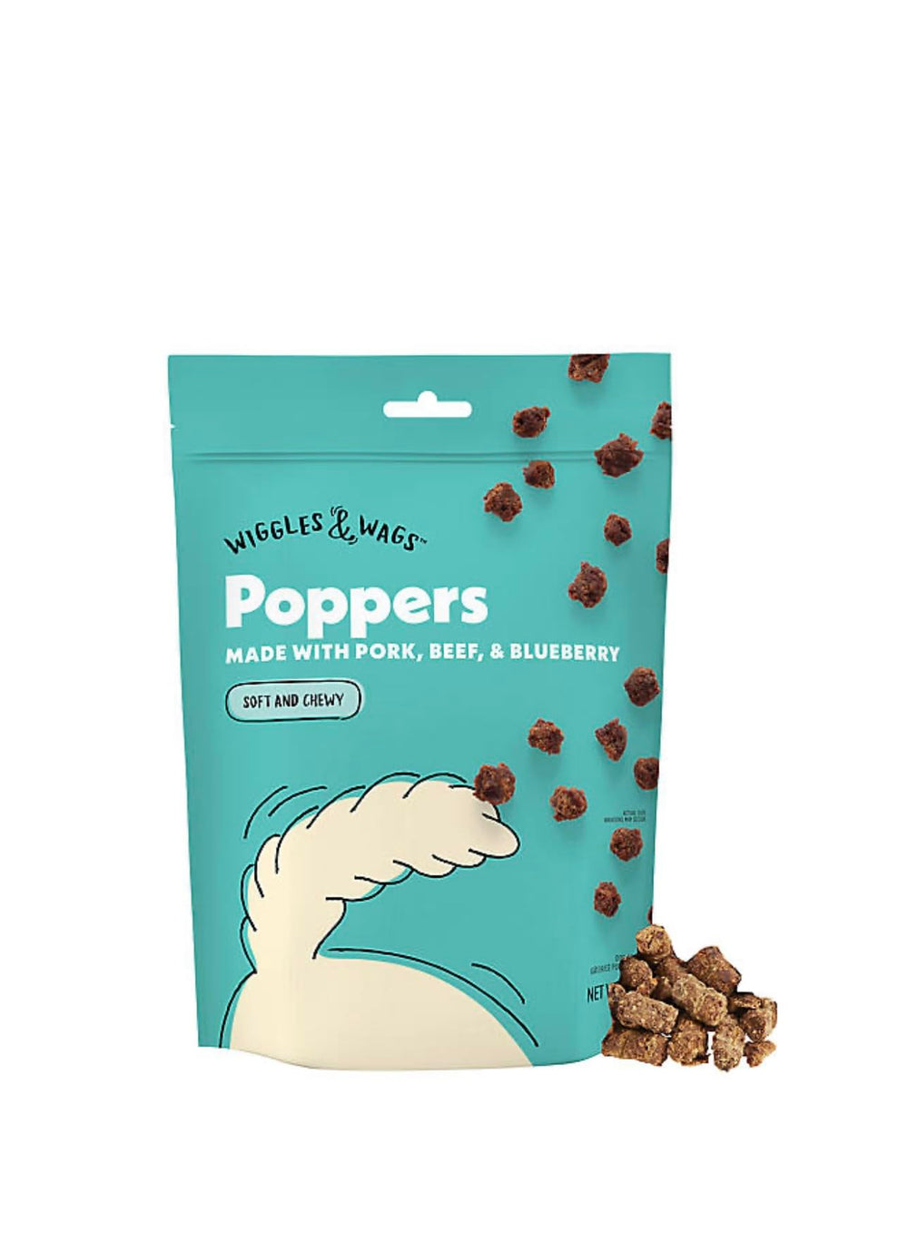 Wiggles & Wags Poppers porcela-bœuf-myrtille, sachet 8 oz pratique pour l'entraînement