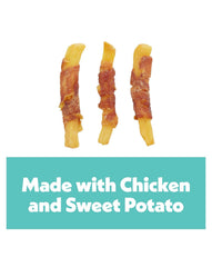 Ingrédients premium Wiggles & Wags Twists: poulet réel enveloppant patate douce.