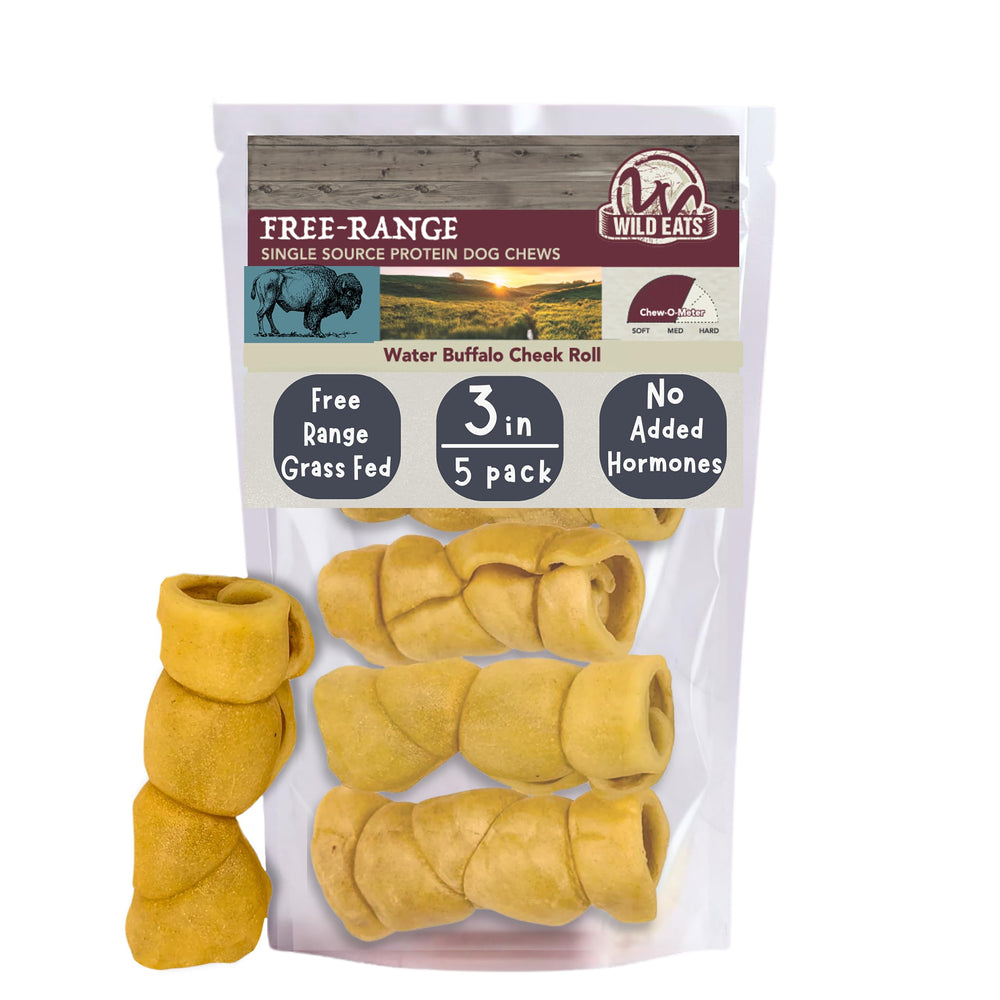 Wild Eats rouleau de joue de buffle sans peau, 3 pouces, idéal pour chiens moyens.