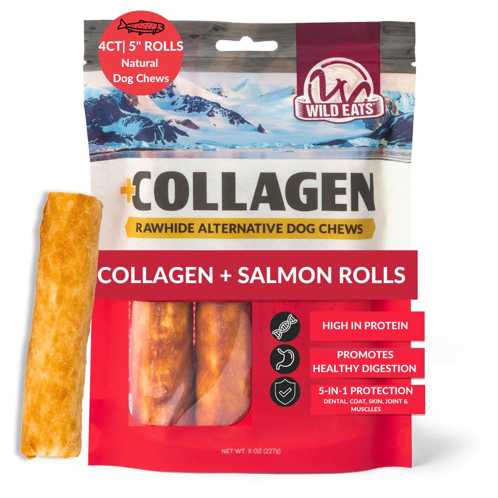 Wild Eats Roulés Saumon, emballage visible, substitut naturel pour occuper votre chien lors du jeu