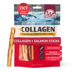 Wild Eats batis bullys saumon et collagene, packaging clair et attractif pour chiens.
