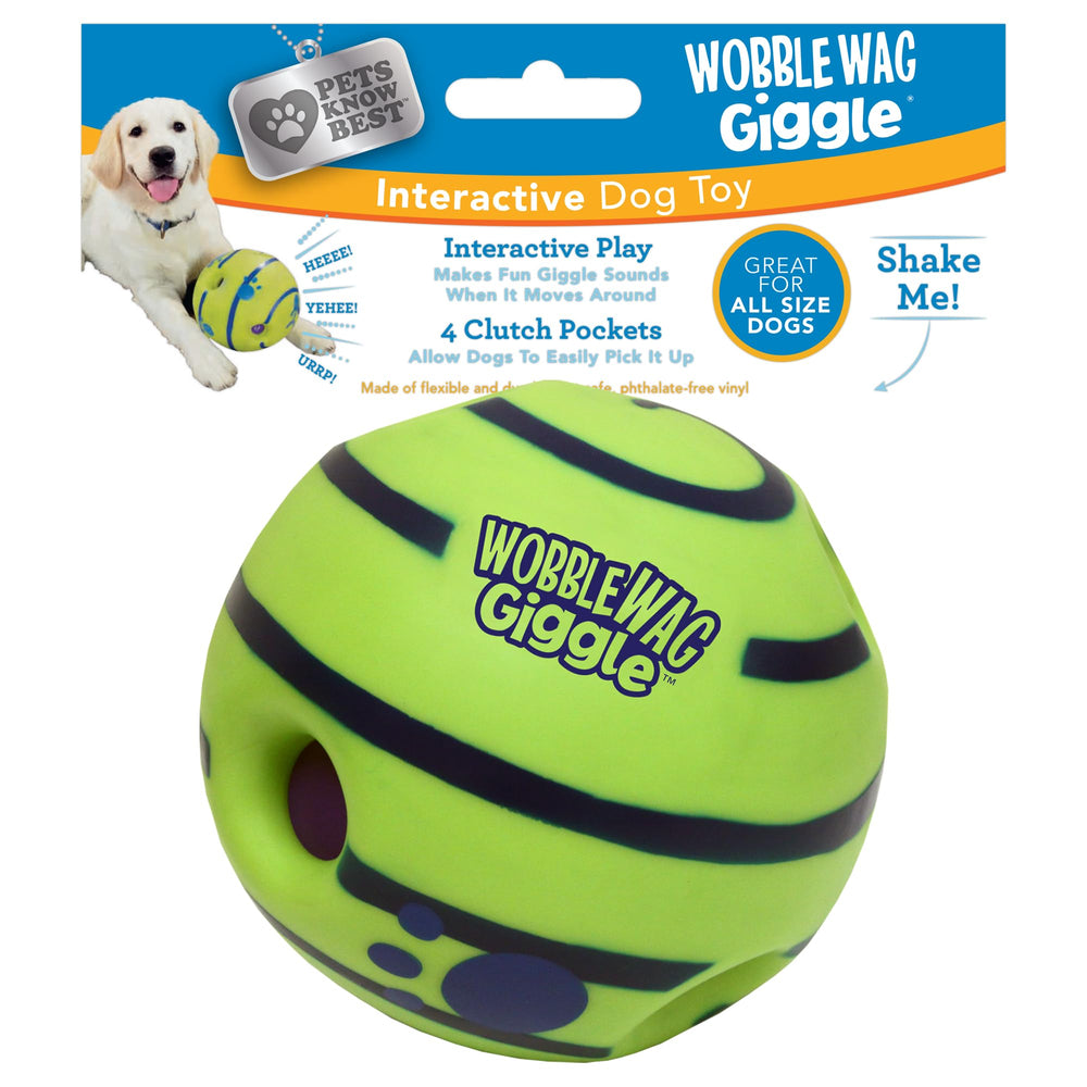 Boule Wobble Wag Giggle en présentation, stimulant activité mentale et physique.