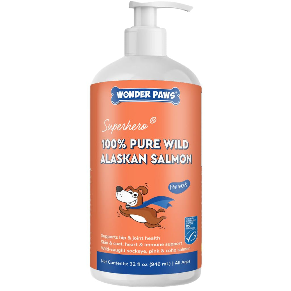 Wonder Paws huile saumon sauvage Alaska — bouteille montrant le produit pour chien, pelage brillant.