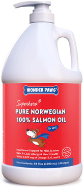 Huile saumon Wonder Paws en bouteille, enrichit le repas quotidien du chien.