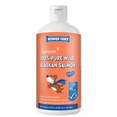 Wonder Paws huile saumon sauvage pour chien dans sa bouteille, peau et poil sains.