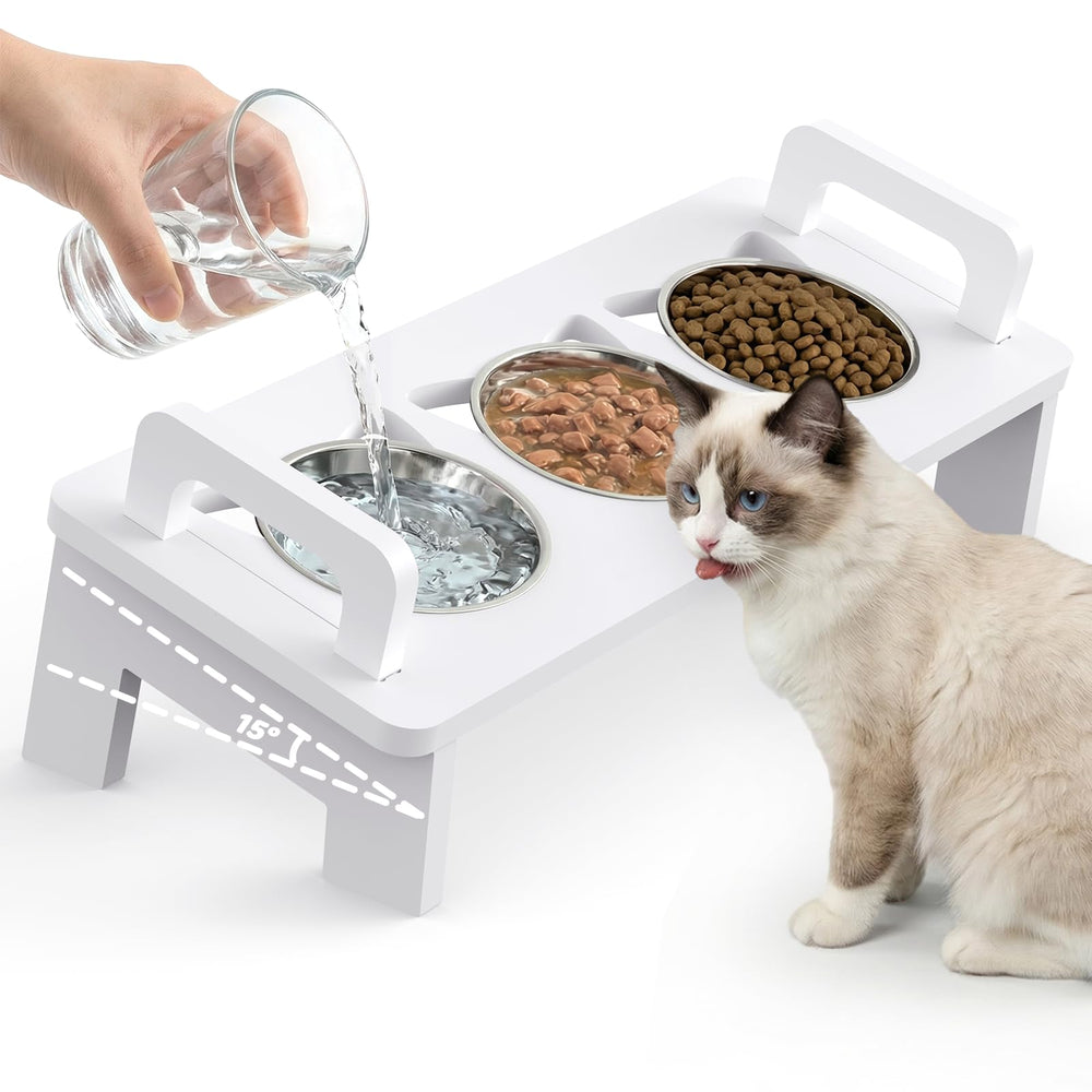 Woodever bols chat eleves ensemble a trois bols sur support pour alimentation facilitee