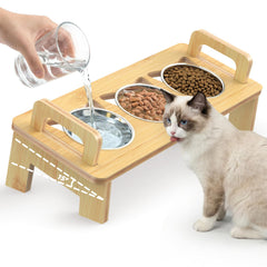 Woodever: bol chat elevé en bambou sur pied, facilite l'alimentation.