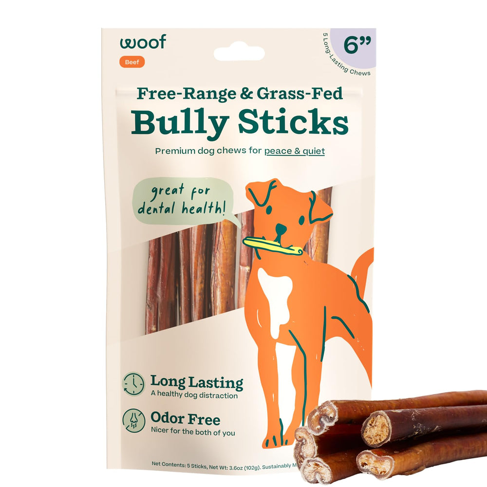 Bâtonnets Woof bully au boeuf, 6 pouces, paquet 5, récompense durable pour chien.