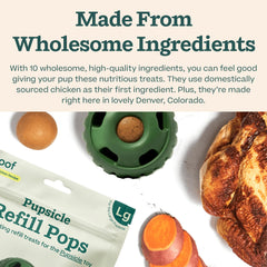 Friandises Pupsicle Refill Pops de WOOF sans réfrigération pour aventures en extérieur.