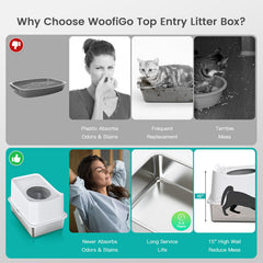 WoofiGo litière acier inox avec couvercle, intimité et confinement des odeurs.