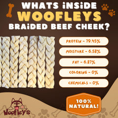 Woofley's chien en train de mâcher la tresse de buffle, activité engageante.