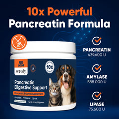 Woofy Pancréatine: poudre sans odeur facilitant l’incorporation dans l’alimentation.