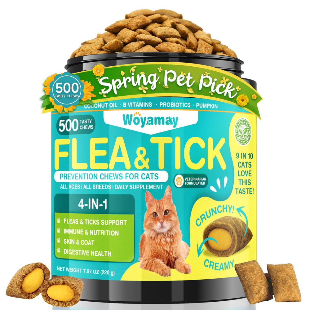 Woyamay 4-en-1 pour chats: friandise anti-puces, texture croustillante et cremeuse, plaisir quotidien.